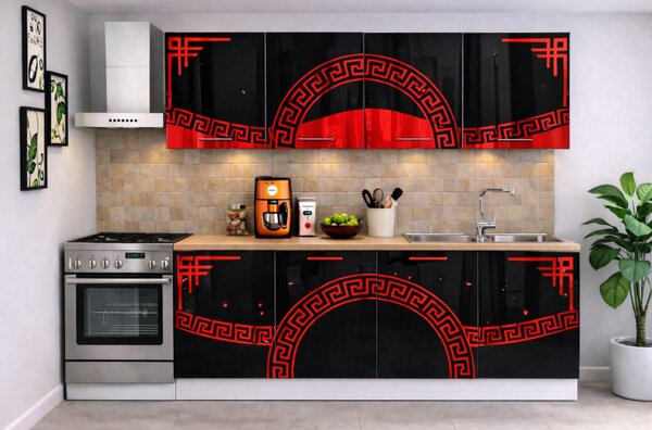 Bucatarie Verona 200 cm Negru Lucios Ornament Rosu