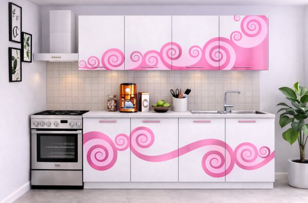 Bucatarie Roma 200 cm Alb cu Ornament Roz