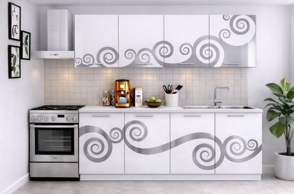 Bucatarie Roma 200 cm Alb cu Ornament Gri