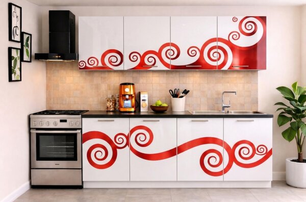 Bucatarie Roma 200 cm Alb cu Ornament Rosu