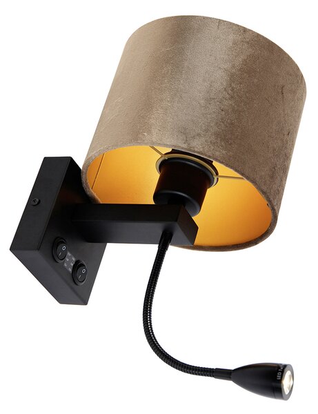 Aplică neagră cu abajur din catifea maro 18cm - Brescia