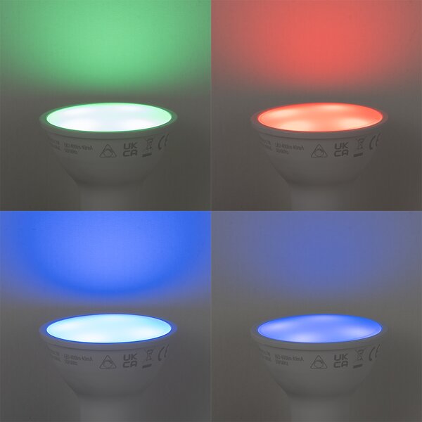 Set de 5 becuri LED inteligente GU10 50mm, reglabile, opale, RGBW, 4.7W, 400 lm, 2700-6500K, Zigbee