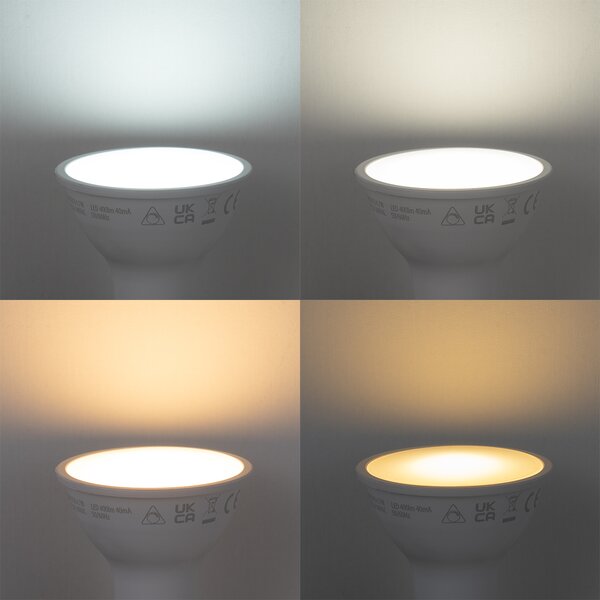 Set de 5 becuri LED inteligente GU10 50mm, reglabile, opale, RGBW, 4.7W, 400 lm, 2700-6500K, Zigbee