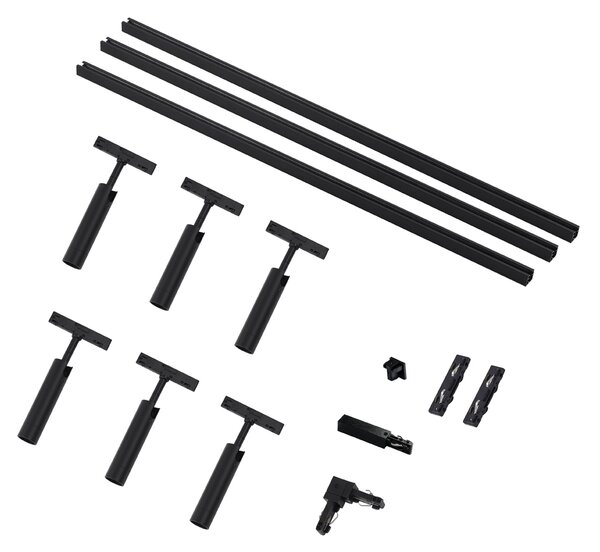 Sistem modern de iluminat pe șine cu 6 spoturi negre monofazate - Slimline Uzzy