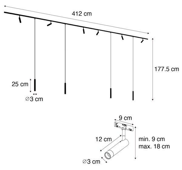 Sistem modern de iluminat pe șine cu 6 spoturi și 4 pendule bej și alb, monofazat - Slimline Uzzy Keno