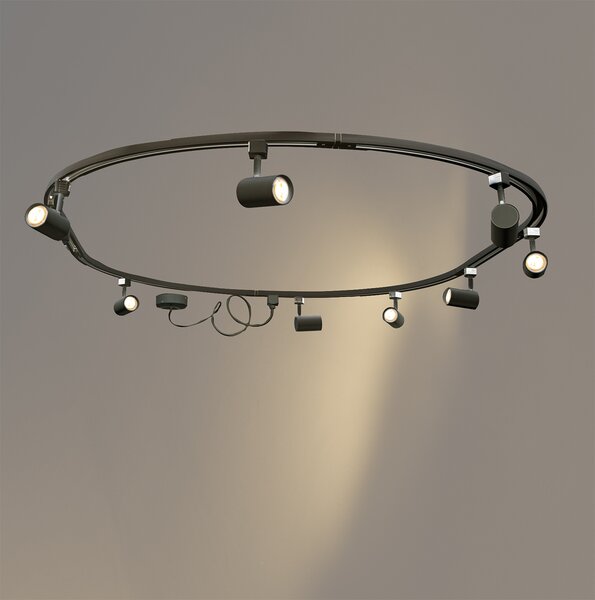 Sistem modern de iluminat pe șine cu 8 spoturi negre, monofazat, oval, 200 cm - Iconic Jeana