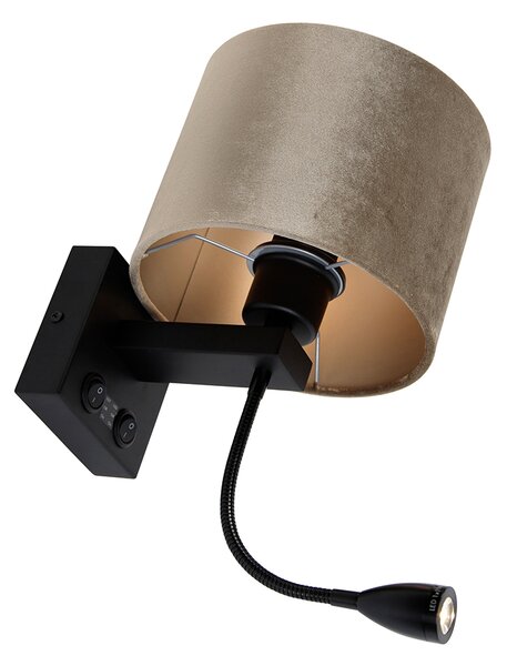 Aplică neagră cu abajur din catifea taupe 18cm - Brescia Combi