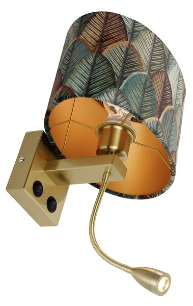 Aplică de perete din alamă cu abajur oval din velur cu design frunze 25cm - Brescia Combi