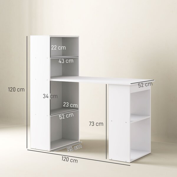 Birou alb modern cu biblioteca cu 6 rafturi din PAL,120x55x120cm HOMCOM | Aosom Romania