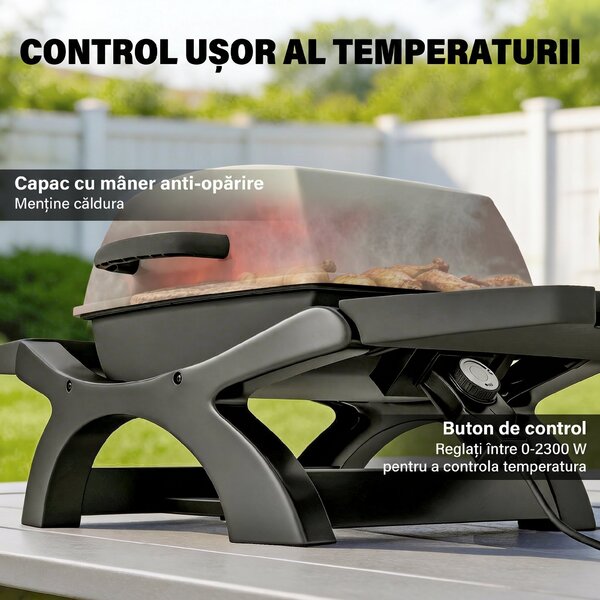Outsunny barbecue electric 2300W, portabil de masă cu rafturi laterale, culoare negru. | Aosom Romania
