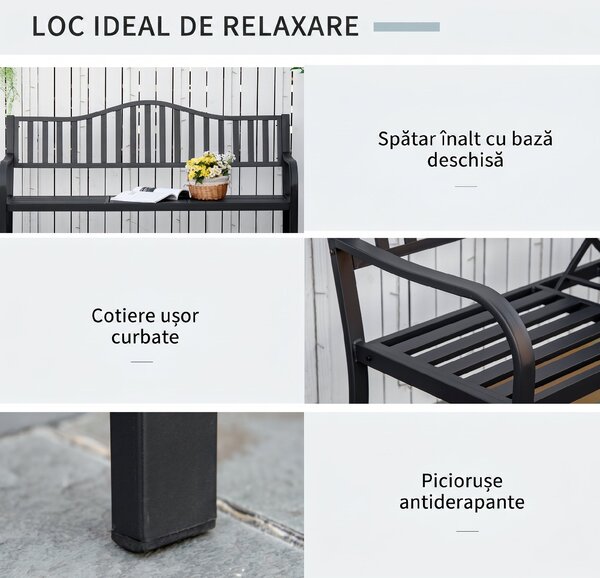 Bancă de Grădină Outsunny din Metal cu Măsuță Centrală Retractabilă, Bancă Loveseat pentru Terasă cu Șezut și Spătar cu Șipci, pentru 2–3 Persoane, Neagră | Aosom Romania