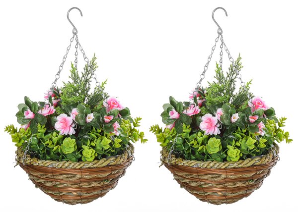 Outsunny Set 2 Ghivece de Agățat cu Plante Artificiale Lisianthus, Suport din Răchită și Bază de Ciment, Ф25x34cm | Aosom Romania