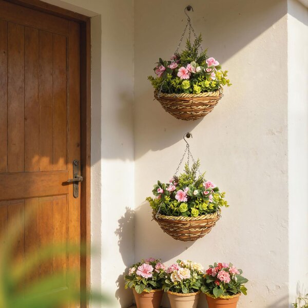 Outsunny Set 2 Ghivece de Agățat cu Plante Artificiale Lisianthus, Suport din Răchită și Bază de Ciment, Ф25x34cm | Aosom Romania