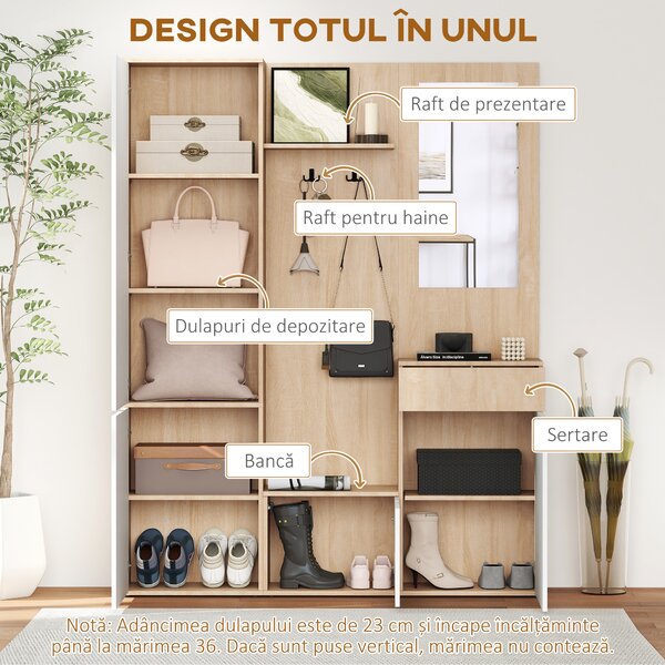 HOMCOM Organizator Multifuncțional pentru Intrare cu Oglindă, Bancă pentru Pantofi, Dulapuri, Suport Haine, Sertar și Raft | Aosom Romania