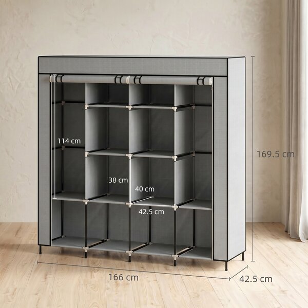 HOMCOM Dulap Portabil din Material Textil și Oțel, Garderobă cu 10 Rafturi, 4 Sertare și 2 Bare, 166x42,5x169,5 cm, Gri | Aosom Romania