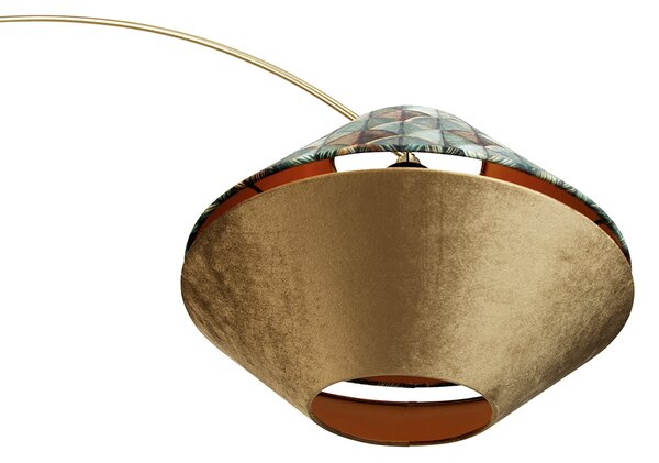 Lampă arcuită din alamă cu abajur dublu de catifea cu design de frunze și bej - XXL