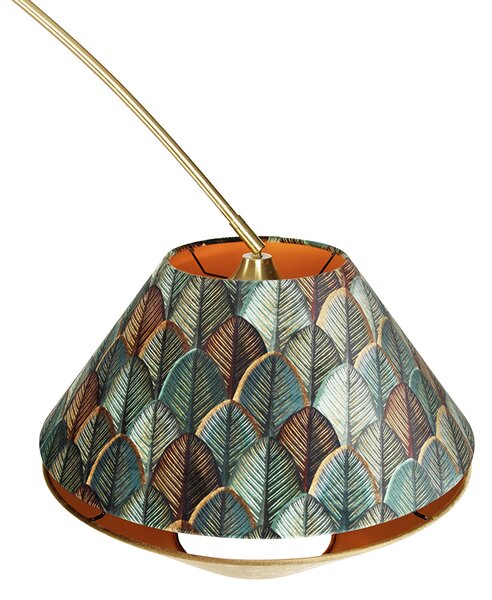 Lampă arcuită din alamă cu abajur dublu de catifea cu design de frunze și bej - XXL