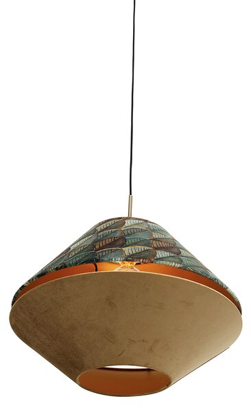 Lampă suspendată modernă bronz cu abajur dublu de catifea cu design de frunze și bej - Combi 1