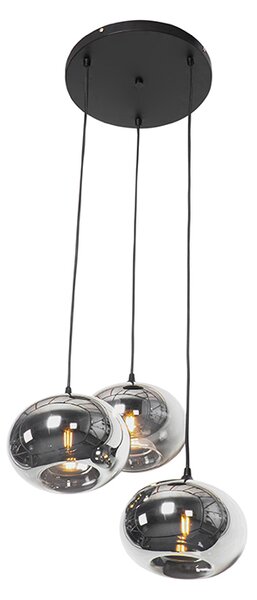 Lampă suspendată Art Deco neagră cu sticlă fumurie cu 3 lumini rotundă - Busa