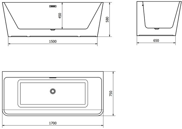 Mexen Volta, cada de baie autoportanta montata pe perete 170 x 75 cm + dop de scurgere cromat si orificiu de preaplin, negru - alb, 51131707575