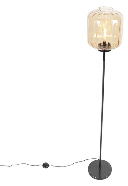Lampa de podea de design neagră cu sticlă chihlimbar - Qara
