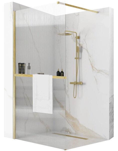 Rea Aero Intimo, paravan de duș 100x195 cm + poliță EVO și suport pentru prosoape, sticlă canelată de 8 mm, profil auriu mat, KPL-09138