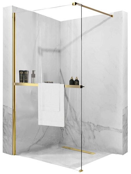 Rea Aero, cabină de duș 110 cm, sticlă transparentă de 8 mm, profil auriu strălucitor + poliță și cuier EVO, KPL-K8441