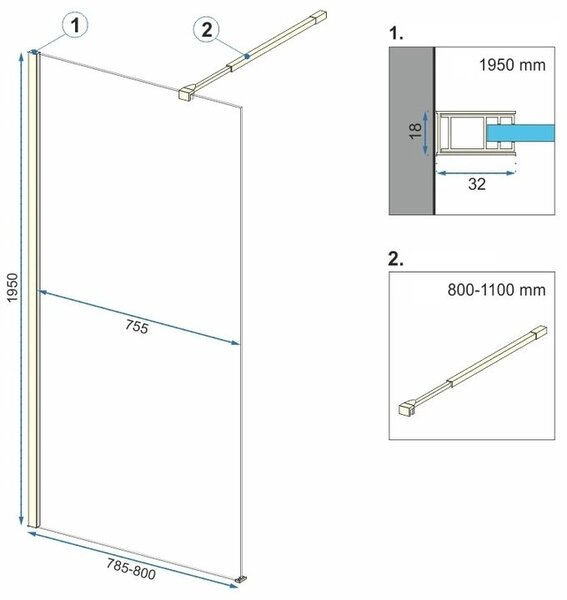 Rea AERO, paravan de dus WALK IN 80 x 195 cm, sticla transparenta - profil auriu, REA-K8439