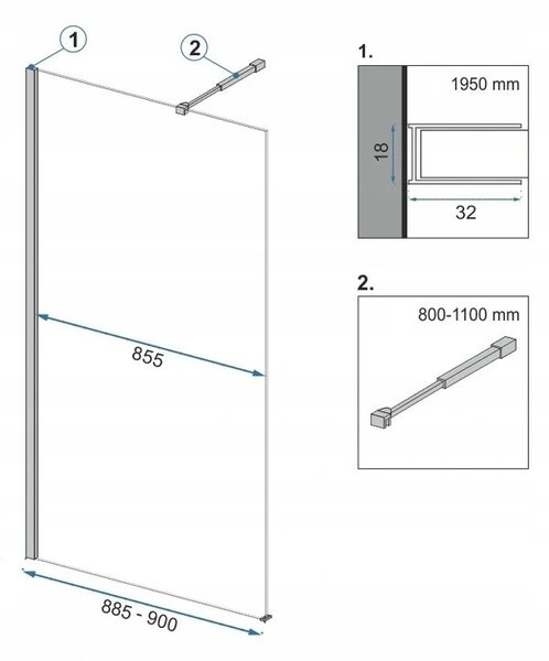 Rea AERO, paravan de duș WALK IN, 1 aripă, 90 x 195 cm, negru mat-transparent, REA-K7581