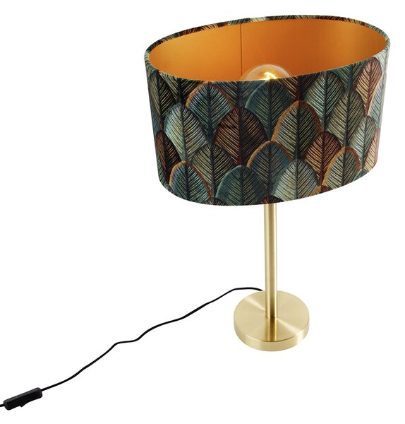 Lampă de masă alamă cu abajur oval din catifea cu design de frunze 35cm - Simplo