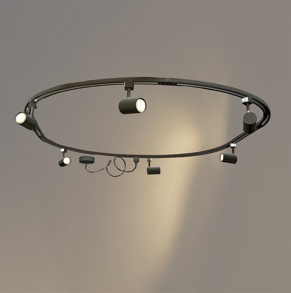 Sistem modern de iluminat pe șine cu 6 spoturi negre, monofazat, oval 100cm - Iconic Jeana