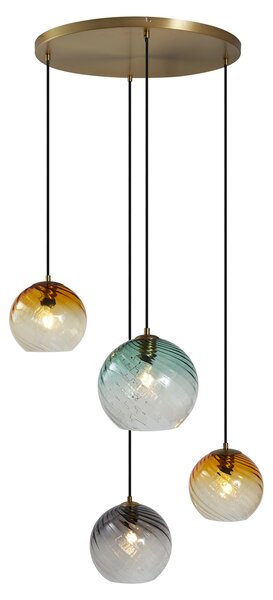 Lampă suspendată bronz cu sticlă rotundă fumurie, ambră și verde, cu 4 lumini - Bao