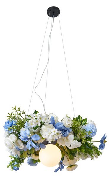 Lampă suspendată boemă neagră cu flori colorate albastre și albe - Flower Power