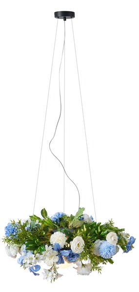 Lampă suspendată boemă neagră cu flori colorate albastre și albe - Flower Power