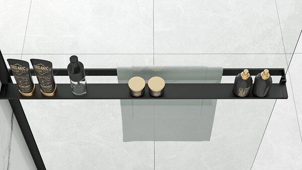 Rea Bler, paravan de duș tip Walk-In 70x195cm, sticlă transparentă de 8mm, profil negru + poliță și suport pentru prosoape EVO, KPL-K7636