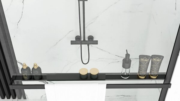 Rea Bler, paravan de duș tip Walk-In 70x195cm, sticlă transparentă de 8mm, profil negru + poliță și suport pentru prosoape EVO, KPL-K7636