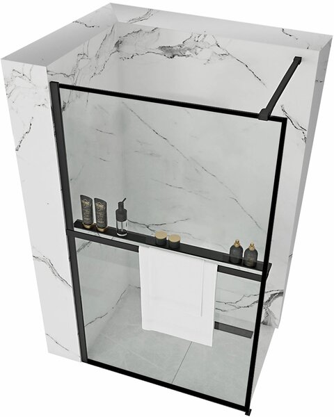 Rea Bler, paravan de duș tip Walk-In 70x195cm, sticlă transparentă de 8mm, profil negru + poliță și suport pentru prosoape EVO, KPL-K7636