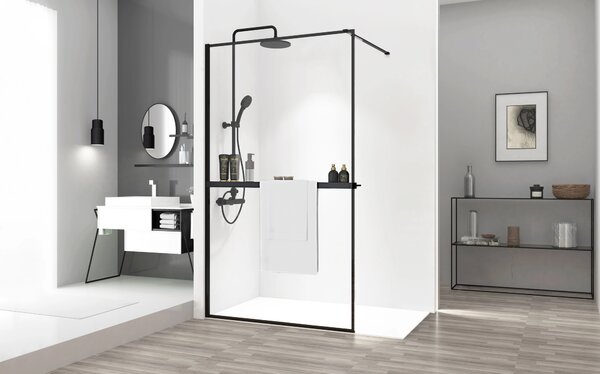 Rea Bler, paravan de duș tip Walk-In 70x195cm, sticlă transparentă de 8mm, profil negru + poliță și suport pentru prosoape EVO, KPL-K7636