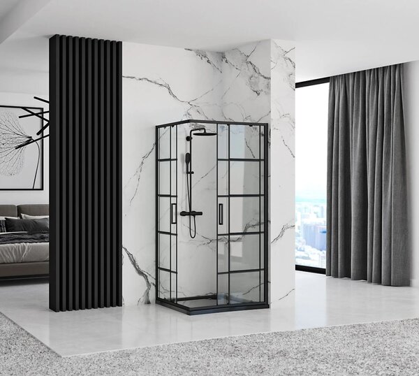Rea Concept, cabină de duș cu ușă glisantă 80 (uşă) x 100 (uşă) x 190 cm, sticlă transparentă de 5 mm, profil negru, REA-K6389