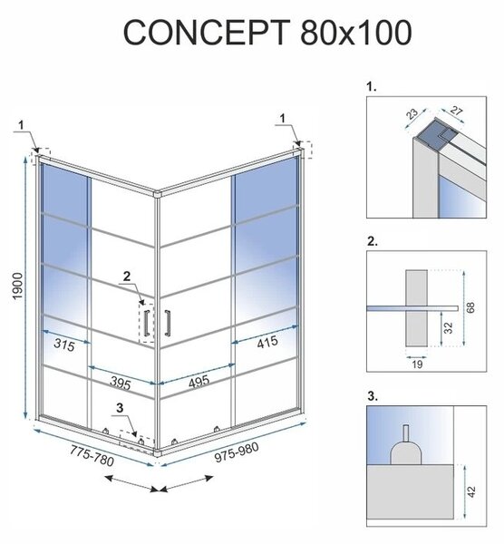 Rea Concept, cabină de duș cu ușă glisantă 80 (uşă) x 100 (uşă) x 190 cm, sticlă transparentă de 5 mm, profil negru, REA-K6389
