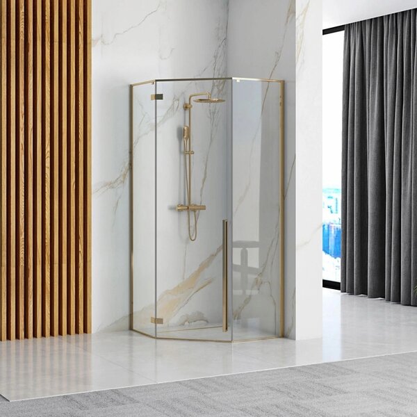Rea Diamond Gold, cabină de duș pentagonală 100 x 100 cm, sticlă transparentă de 6 mm, auriu strălucitor, REA-K6616