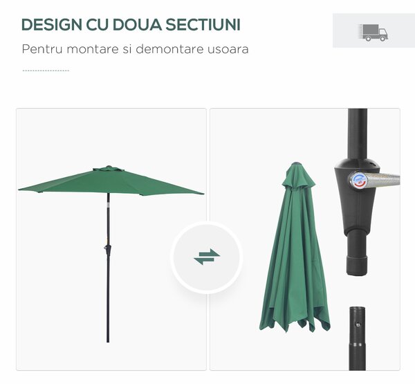 Outsunny Umbrelă Reclinabilă pentru Plajă și Grădină, Aluminiu și Poliester, Φ2.6×2.35m, Verde Închis | Aosom Romania