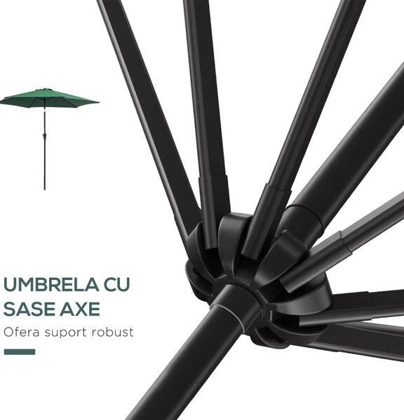 Outsunny Umbrelă Reclinabilă pentru Plajă și Grădină, Aluminiu și Poliester, Φ2.6×2.35m, Verde Închis | Aosom Romania