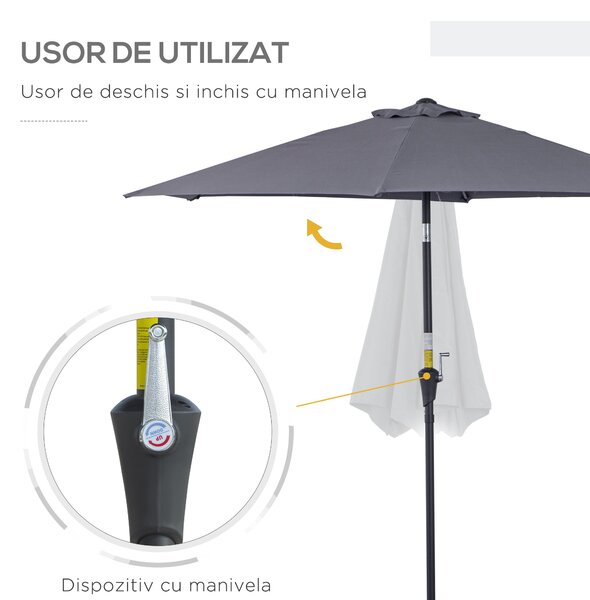 Outsunny Umbrelă de Grădină cu Manivelă, Structură din Aluminiu, Poliester Rezistent la UV, Φ2.6x2.35m, Gri și Negru | Aosom Romania