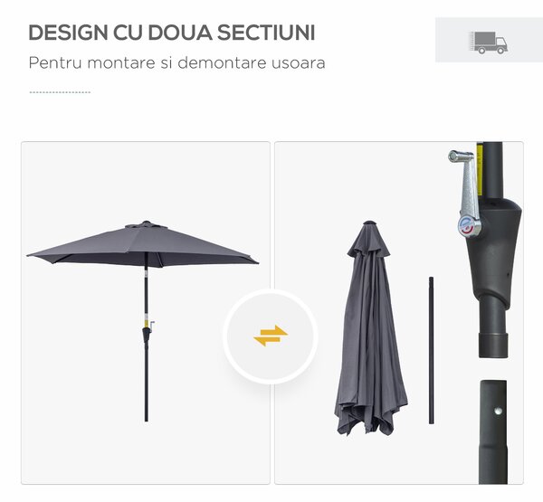 Outsunny Umbrelă de Grădină cu Manivelă, Structură din Aluminiu, Poliester Rezistent la UV, Φ2.6x2.35m, Gri și Negru | Aosom Romania