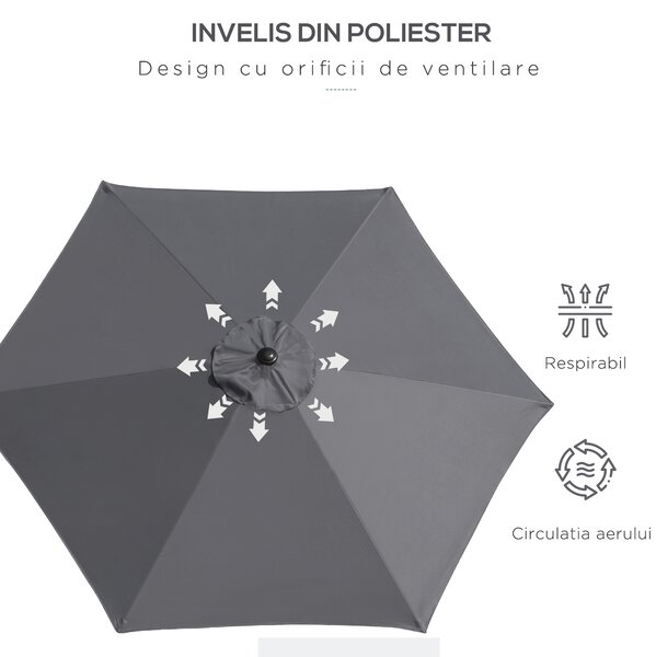Outsunny Umbrelă de Grădină cu Manivelă, Structură din Aluminiu, Poliester Rezistent la UV, Φ2.6x2.35m, Gri și Negru | Aosom Romania