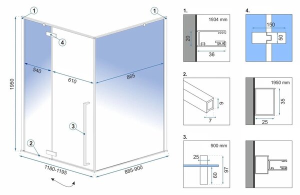 Rea Fargo Black, cabină de duș cu ușă cu aripă 120 (uşă) x 90 (perete) x 195 cm, sticlă transparentă de 6 mm, profil negru, REA-K3214