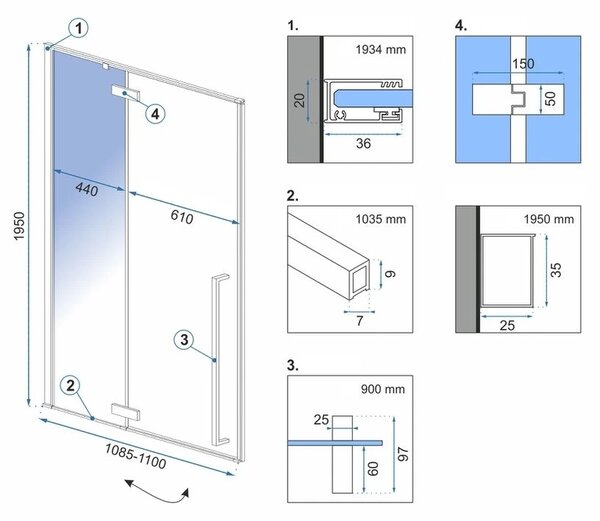 Rea Fargo Black, usa de dus cu 1 canat 110 x 195 cm, sticla transparenta de 6 mm, profil negru, REA-K6325