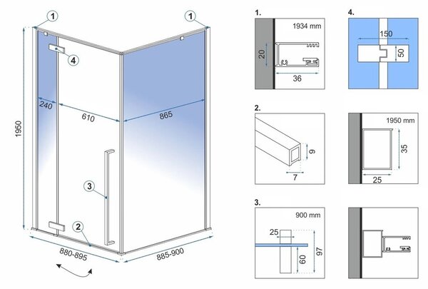 Rea Fargo Black, cabină de duș cu ușă cu aripă 90 (uşă) x 90 (perete) x 195 cm, sticlă transparentă de 6 mm, profil negru, REA-K6318