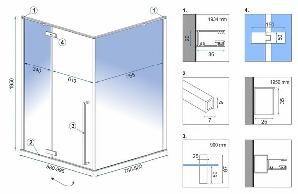 Rea Fargo Black, cabină de duș cu uşă cu balamale 100 (uşă) x 80 (perete) x 195 cm, sticlă transparentă de 6 mm, profil negru, REA-K6950